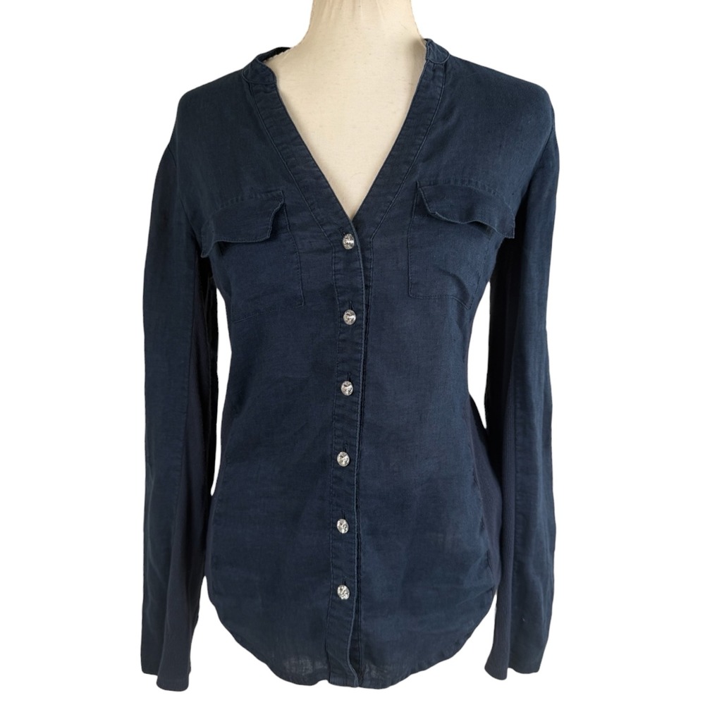 NC International Concepts Linen Shirt Womens XS Navy Roll Tab Utility Blouse Top